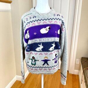 Woolrich Sweater Wool Blend Pastel Bunny Kids Sheep Hearts Crew Neck Vintage (L)